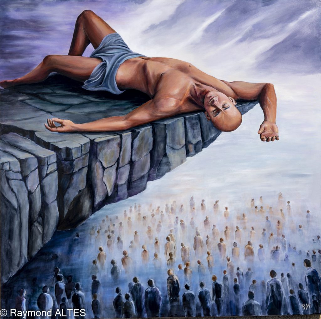 Tableau d’un homme couché au bord d’une falaise dominant une foule floue dans le brouillard