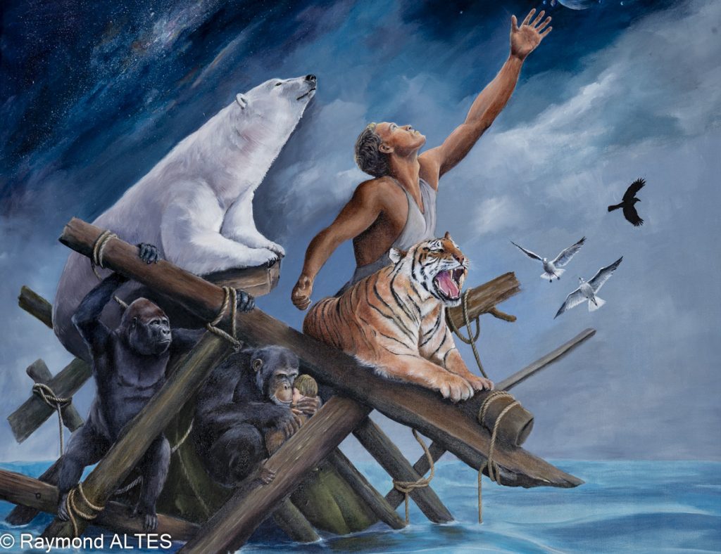 Le Radeau de Raymond Altès, détail du registre central, bras levé au-dessus du radeau des vivants