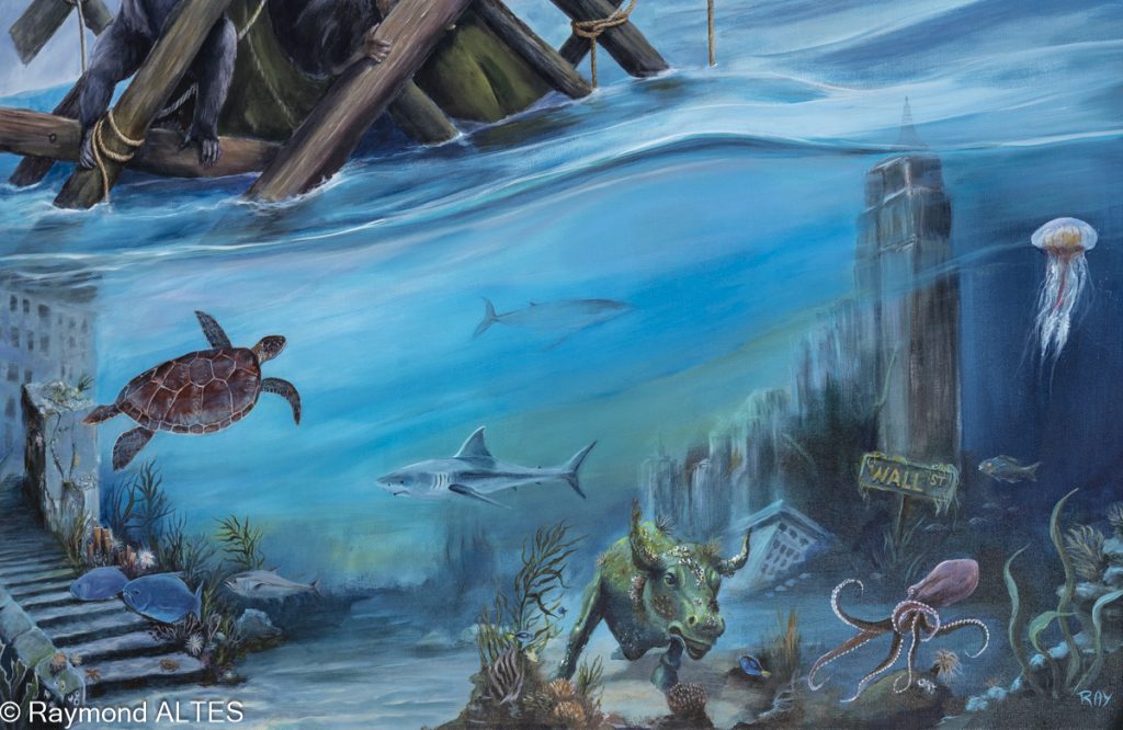 Le Radeau de Raymond Altès, détail du registre inférieur, taureau de bronze englouti parmi les récifs