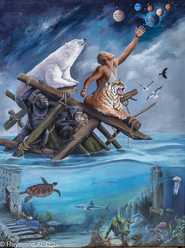 Le Radeau, tableau de Raymond Altès, acrylique sur toile 110×146 cm, trois registres entre naufrage et cosmos
