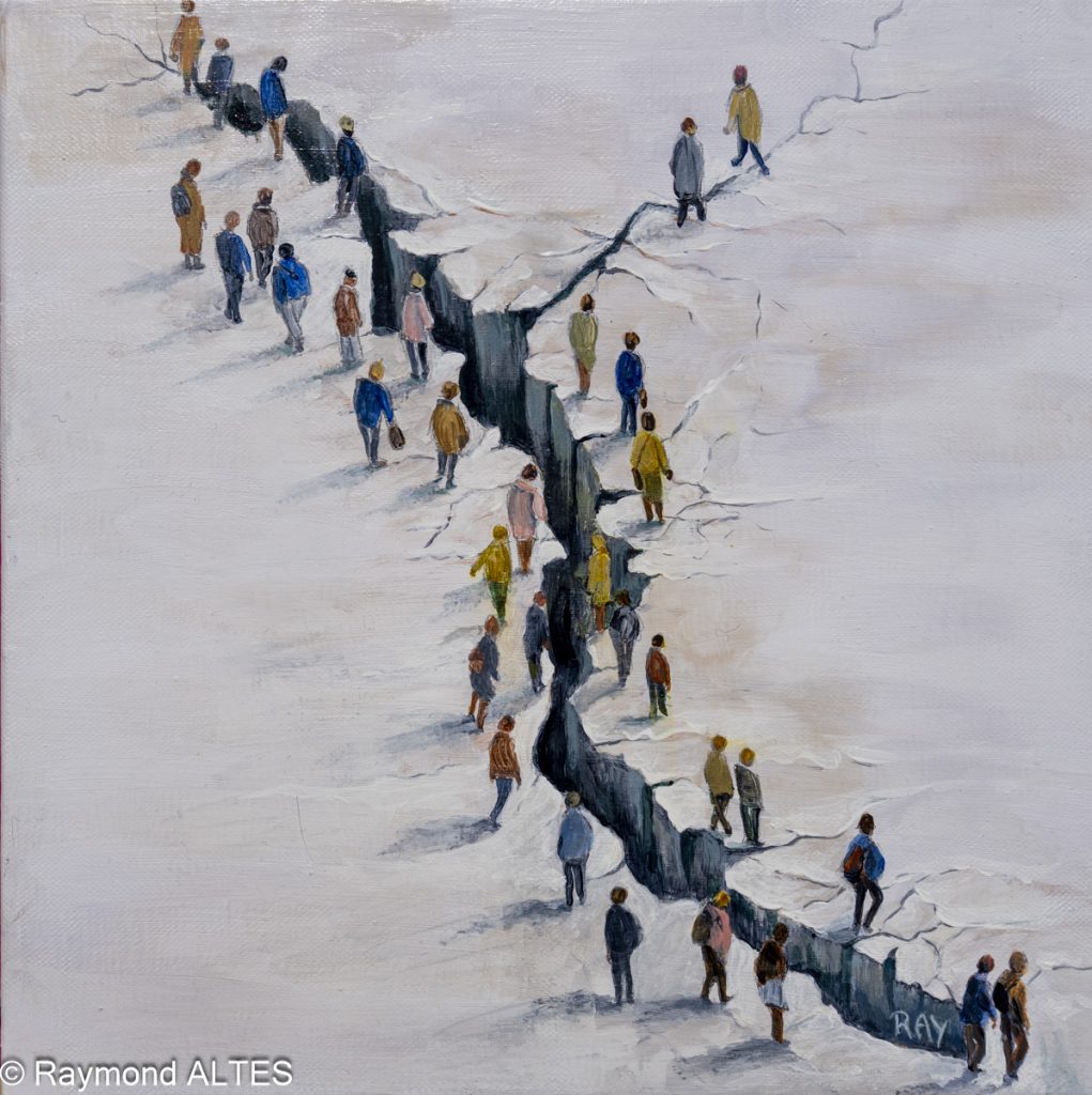 La Fracture, petit format de Raymond Altès représentant une faille sombre traversant une foule de silhouettes