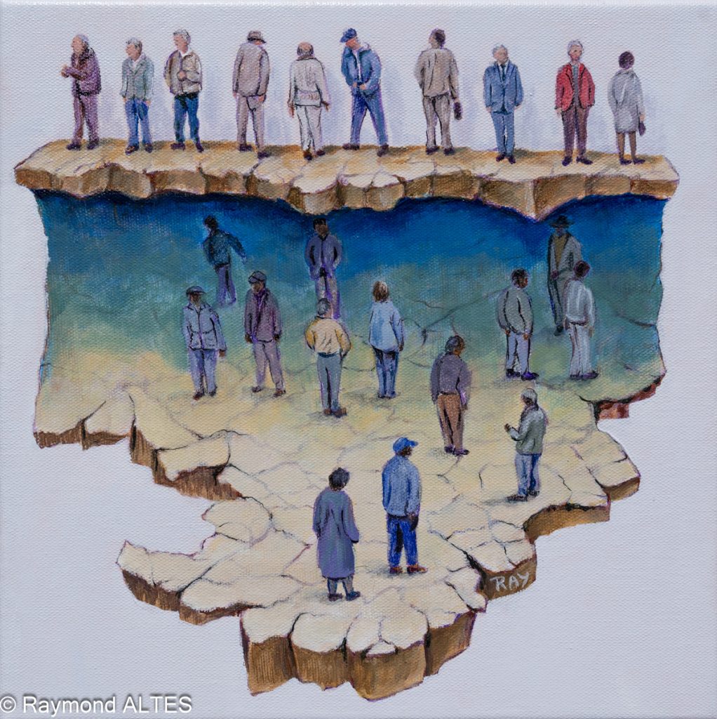 La Séparation, petit format de Raymond Altès montrant des silhouettes humaines réparties de part et d’autre d’un espace fracturé