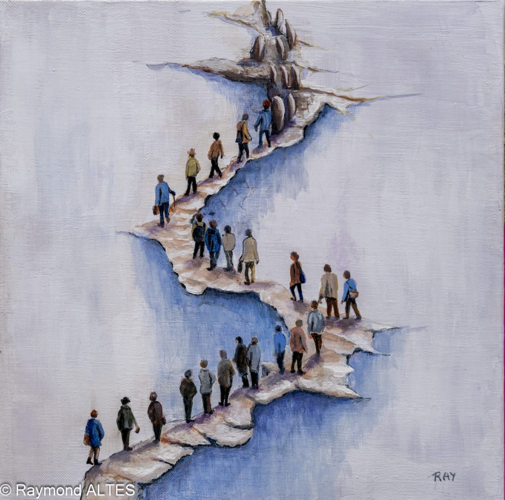Le Passage, petit format de Raymond Altès montrant une file de silhouettes sur un chemin étroit au-dessus d’un vide