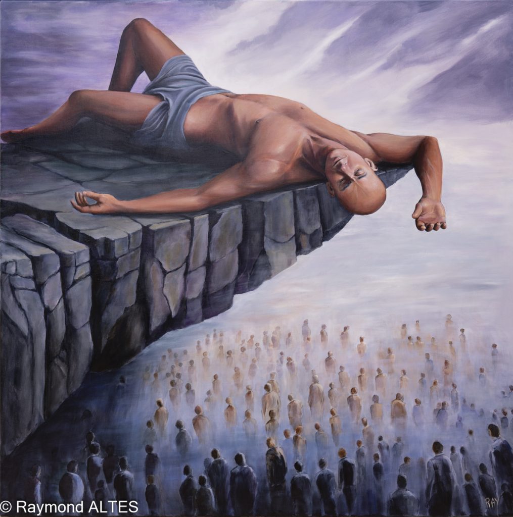 La Falaise - Tableau de Raymond Altès. Un homme couché, bras ouverts, au-dessus de silhouettes grises dans la brume. Acrylique sur toile.