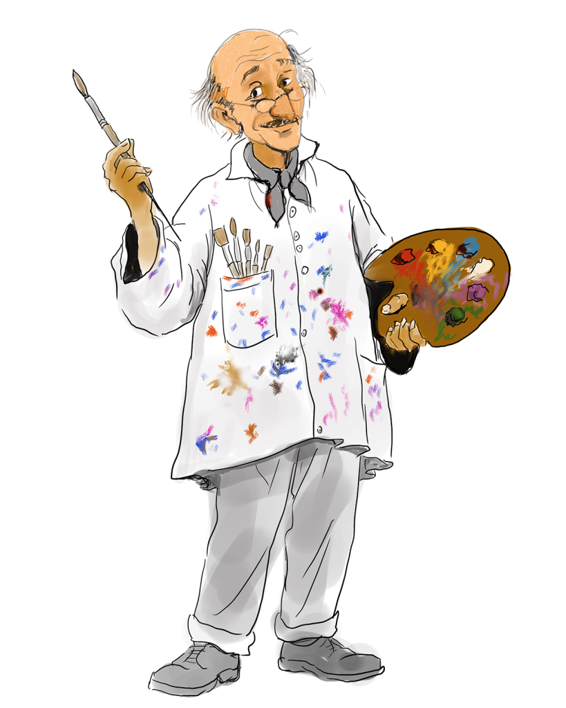 Artiste âgé en blouse tachée de peinture, pinceau et palette à la main, introduction à la facturation électronique pour artistes-auteurs