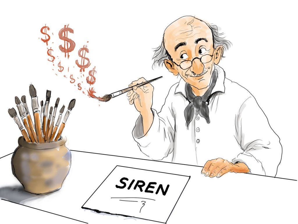 Artiste peignant des signes dollar au-dessus d'un papier SIREN, illustrant que la réforme concerne aussi les petites activités déclarées
