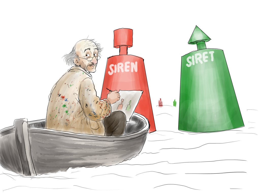 Artiste en barque naviguant entre deux balises rouge et verte marquées SIREN et SIRET, métaphore de la réception des factures électroniques