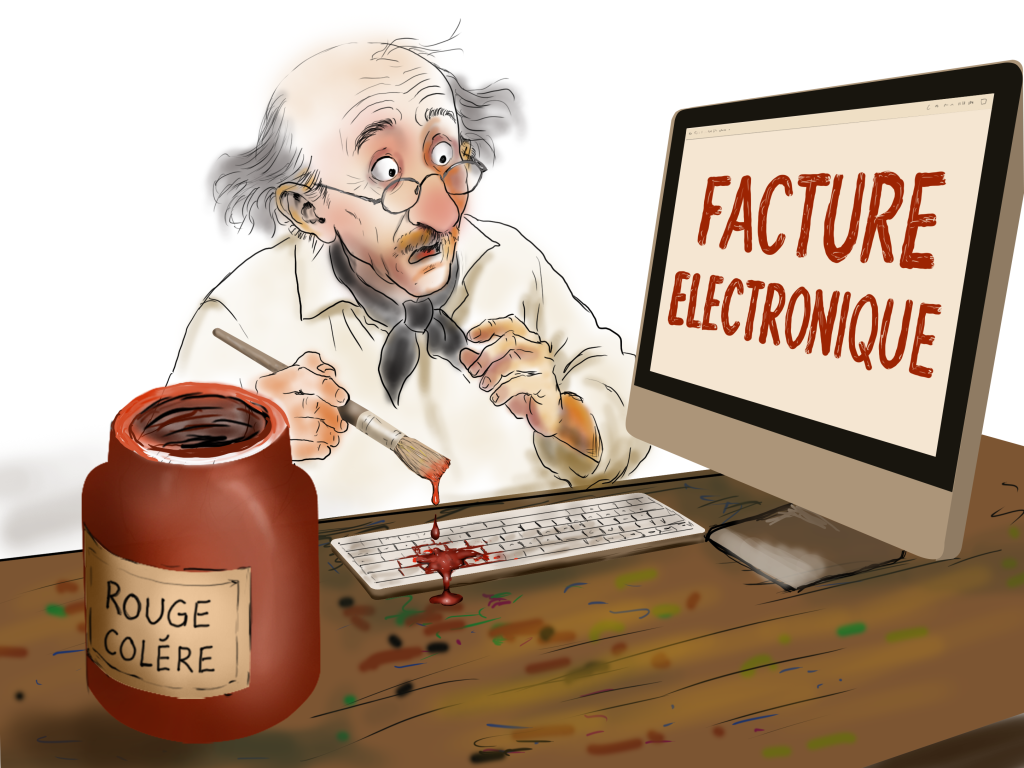 Artiste exaspéré devant un écran affichant facture électronique, pinceau trempé dans un pot rouge colère