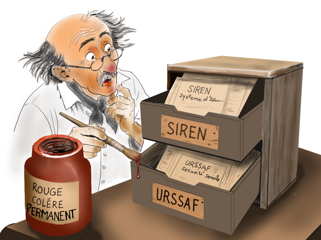 Artiste devant un meuble à deux tiroirs étiquetés SIREN et URSSAF, illustrant la différence entre facturation électronique et cotisations sociales