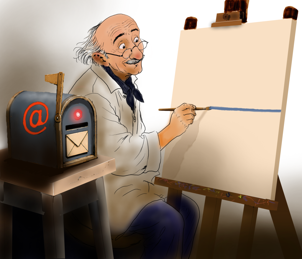 Artiste devant son chevalet avec une boîte aux lettres électronique miniature, conclusion sur la facturation électronique pour les artistes-auteurs