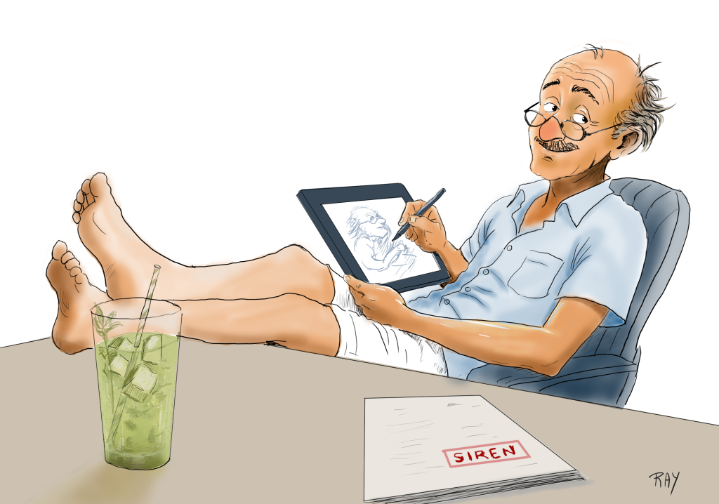 Artiste détendu dessinant sur tablette graphique pendant la canicule de juin 2026, dossier SIREN posé sur le bureau