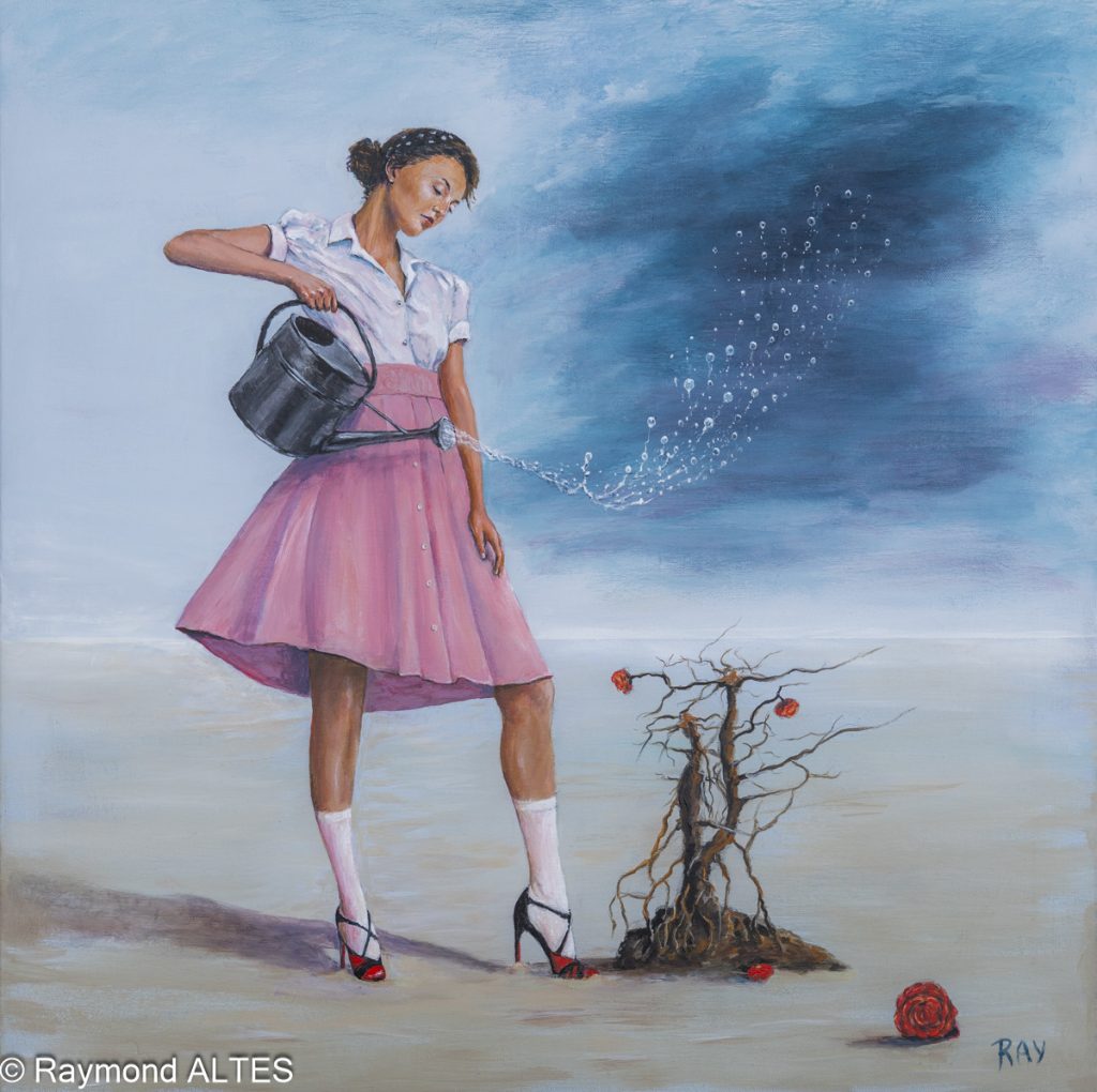 Femme arrosant un ciel d’orage près d’un rosier mort, peinture surréaliste de Raymond Altès