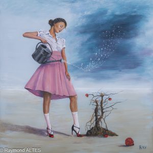 Femme arrosant un ciel d’orage près d’un rosier mort, peinture surréaliste de Raymond Altès