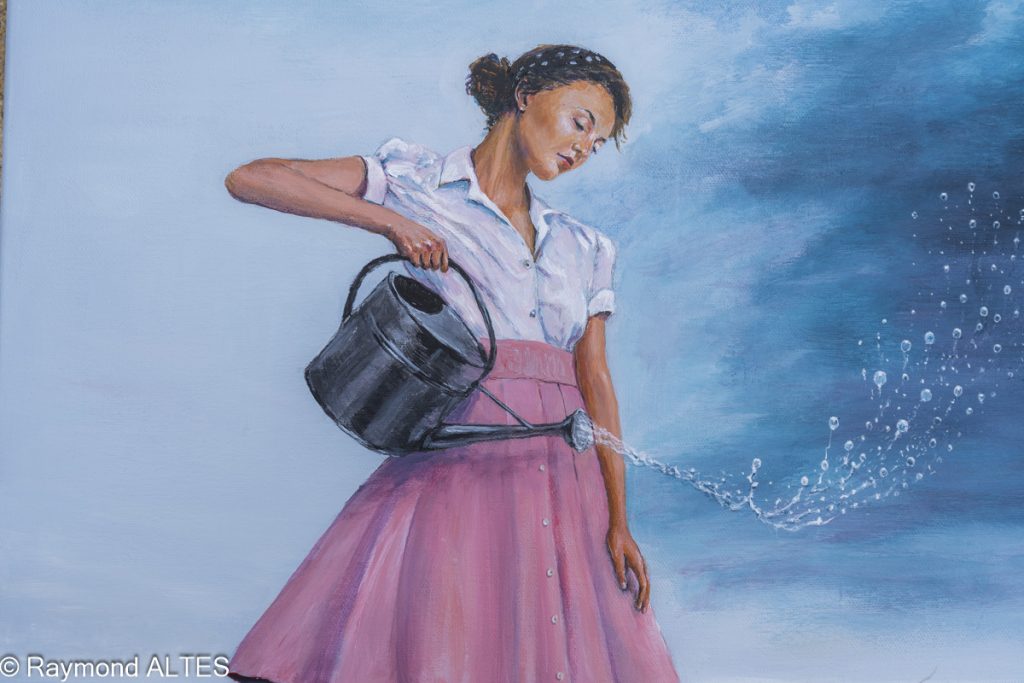 détail du tableau" Vivre sous la ligne" : la femme arrose mais l'eau s’élève, peinture surréaliste de Raymond Altès