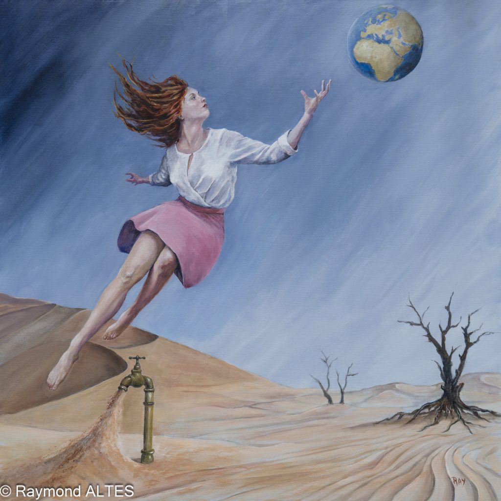 Femme rousse en apesanteur tendant la main vers la Terre, au-dessus d’un désert aux arbres calcinés où un robinet verse du sable.peinture de Raymond Altès